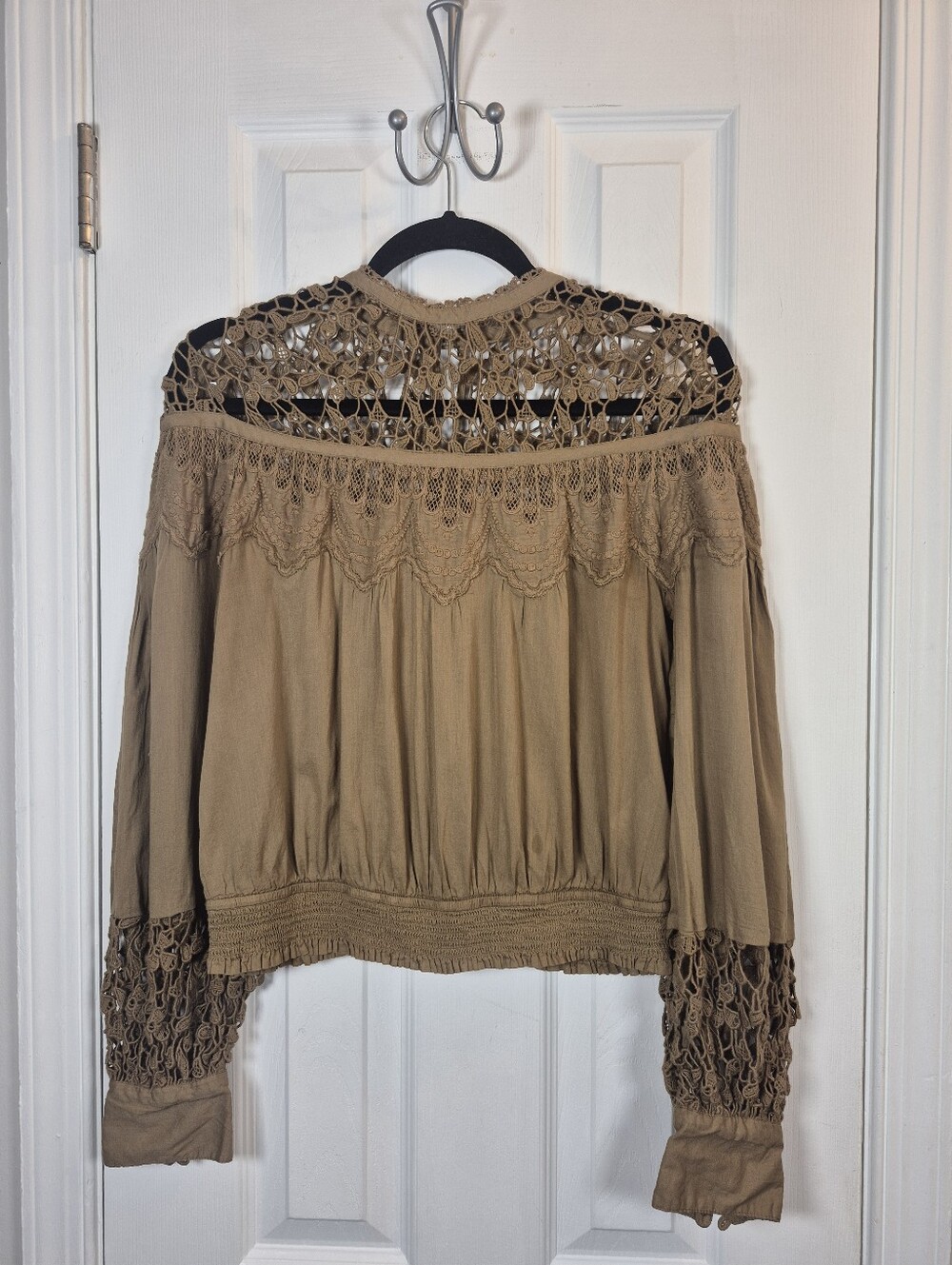 Free People Crochet Lace Boho Blouse Olive Green Smocked Cottagecore Fairy Top S